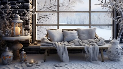 Cozy up to winter vibes with our festive decorations. The snowy landscape sets the tone, enhanced by ample copy space, creating a winter wonderland.