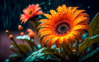 orange flower with water drops on it in garden, ai generated