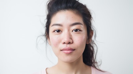 Naklejka premium Imperfections are celebrated in the closeup portrait of an Asian woman looking at the camera.
