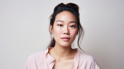 Imperfect skin adds depth and character to the closeup portrait of an Asian woman.