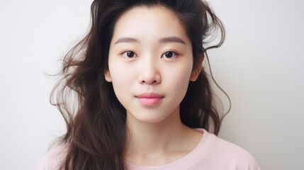 Asian woman with closeup portrait and imperfect skin gazes at the camera.