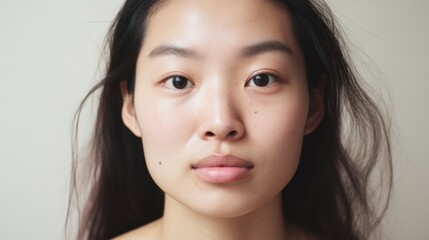 The closeup portrait highlights the real and imperfect beauty of an Asian woman.