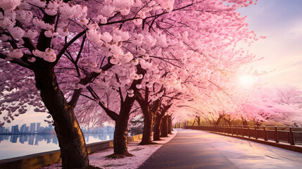 桜並木、満開の桜と水辺の道の風景