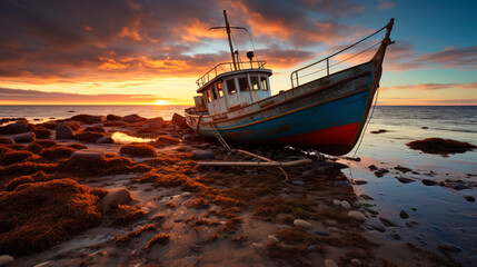 Rusty fishing boat anchored during low tide with sunset in the background. - obrazy, fototapety, plakaty