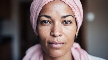 Obraz na płótnie Canvas Moroccan woman confidently displays her flawed skin in a closeup portrait against a neutral studio backdrop.