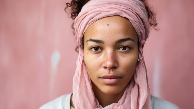 Studio-lit portrait captures the beauty of a Moroccan woman's imperfect skin as she looks into the camera.