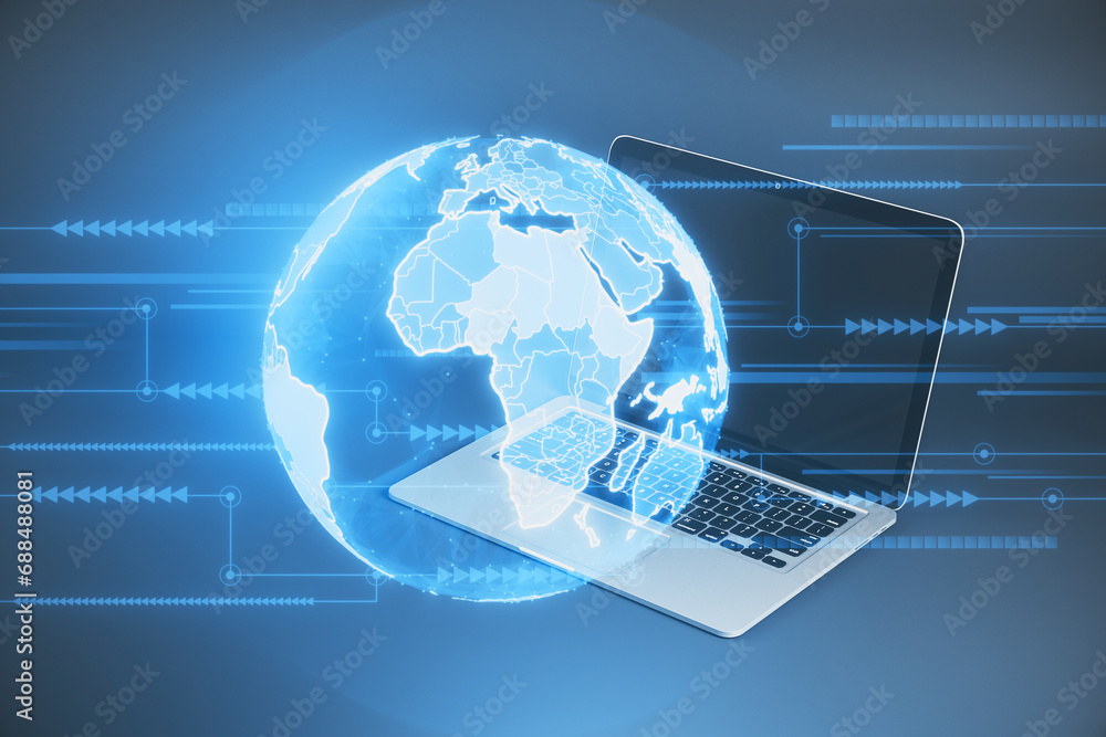 Poster close up of laptop with bright blue globe hologram and lines on blurry dark background. metaverse, d