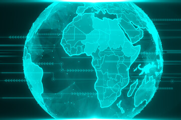 Bright blue globe hologram and lines on blurry dark backdrop. Metaverse, digital world and network concept. 3D Rendering.