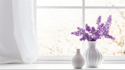 Fototapeta na wymiar A white vase filled with purple flowers