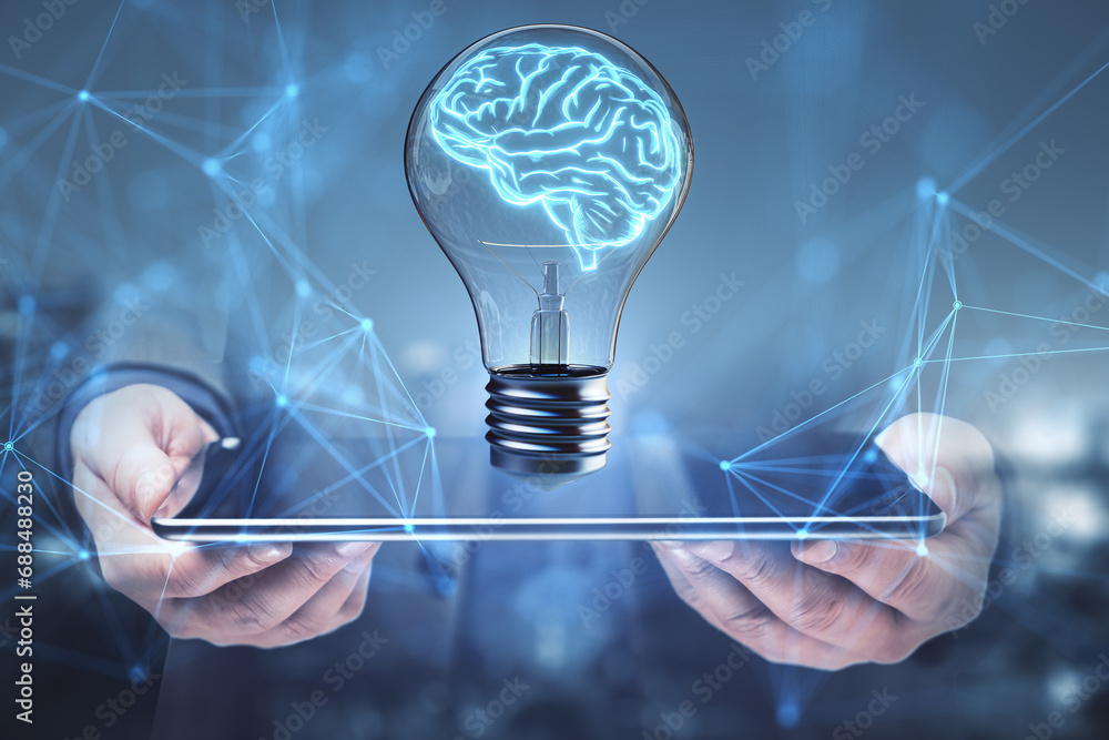 Aufkleber brain shaped lightbulb on digital interface background. innovation and mind concept