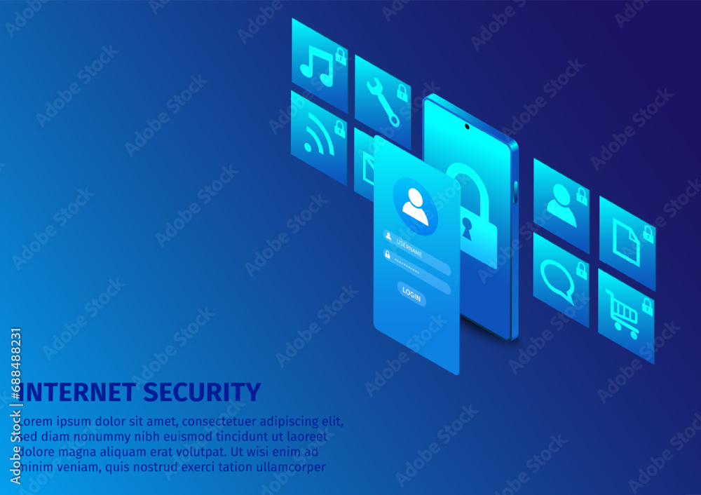 Leinwandbilder isometric internet security banner design. cloud computing and multimedia network technology smartph