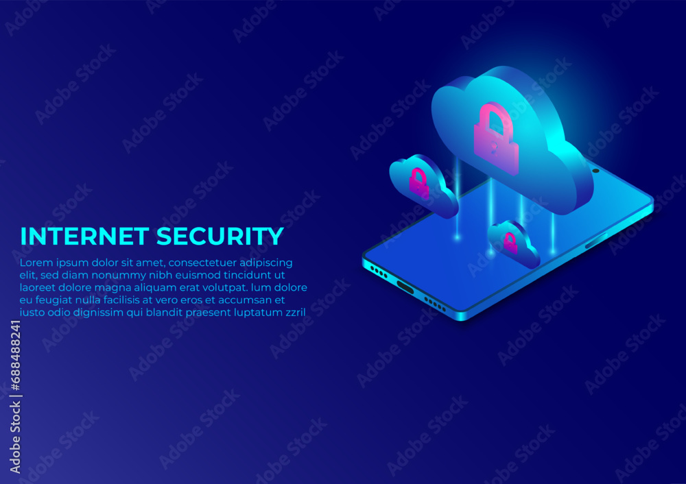 Aufkleber Isometric internet security banner design. cloud computing and multimedia network technology smartphone isometric. Cyber protection graphic vector. Abstract technology design concept.