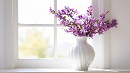 A white vase filled with purple flowers