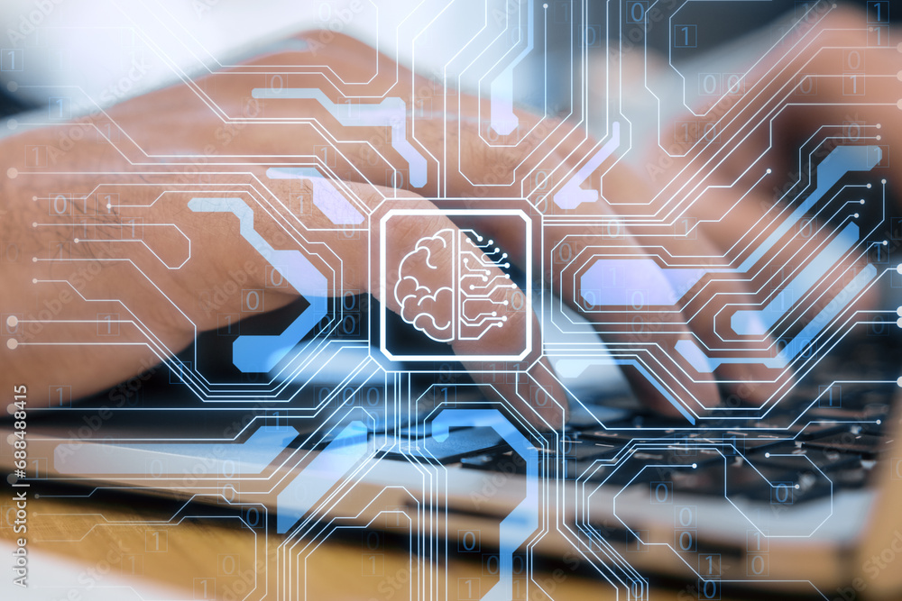 Poster Close up of male hands using laptop keyboard with abstract brain and binary code circuit on blurry background. Chip, data, ai, and future concept. Double exposure.