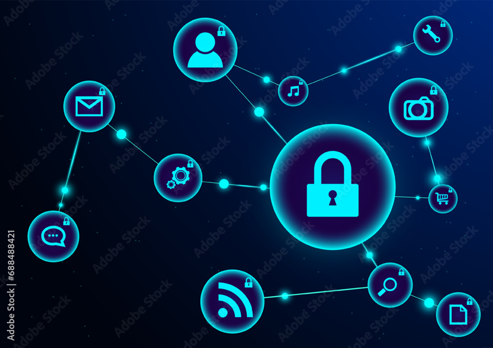 Fototapete cyber technology security, hi-tech vector illustration with various technology elements. digital int