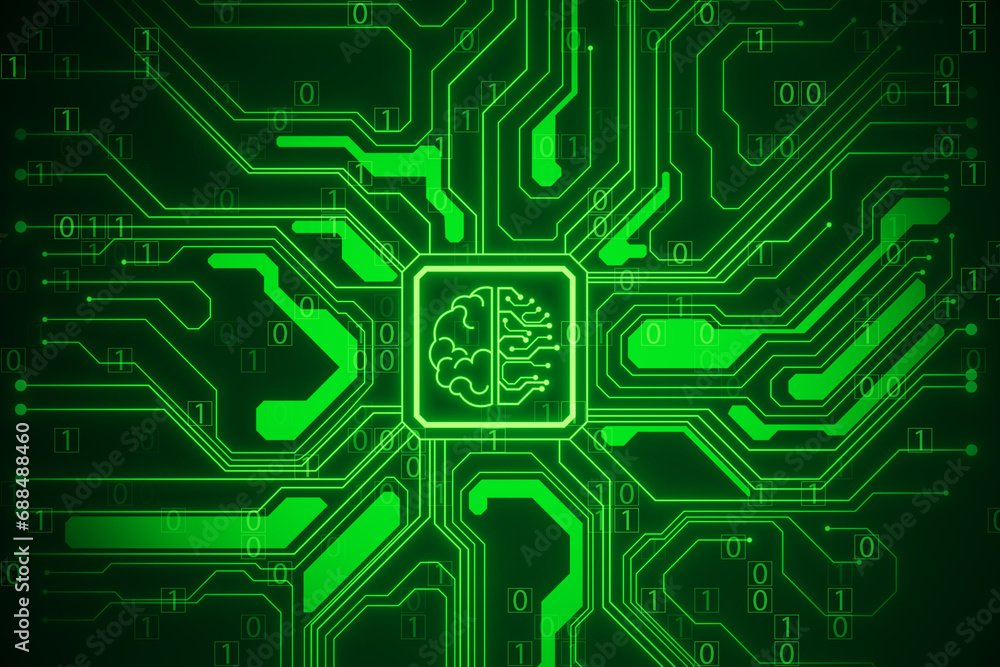 Poster Abstract brain and binary code circuit on green background. Chip, data, ai, and future concept. 3D Rendering.