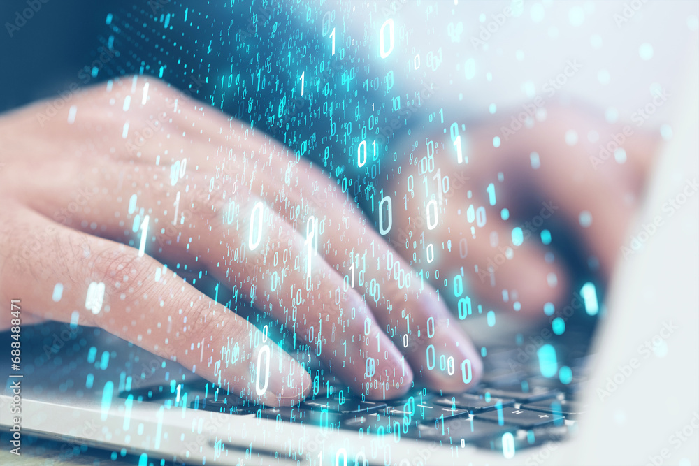 Poster Close up of male hands using laptop with creative binary coding on blurry background. Matrix and security concept. Double exposure.