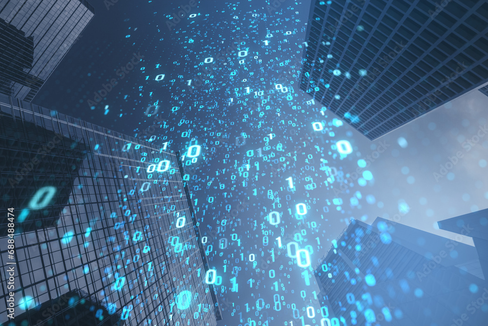 Poster creative binary coding on blurry night city wallpaper. matrix and security concept. double exposure.