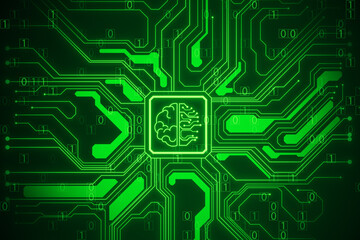Abstract brain and binary code circuit on green background. Chip, data, ai, and future concept. 3D Rendering.