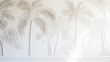 A white wall with a bunch of white palm trees