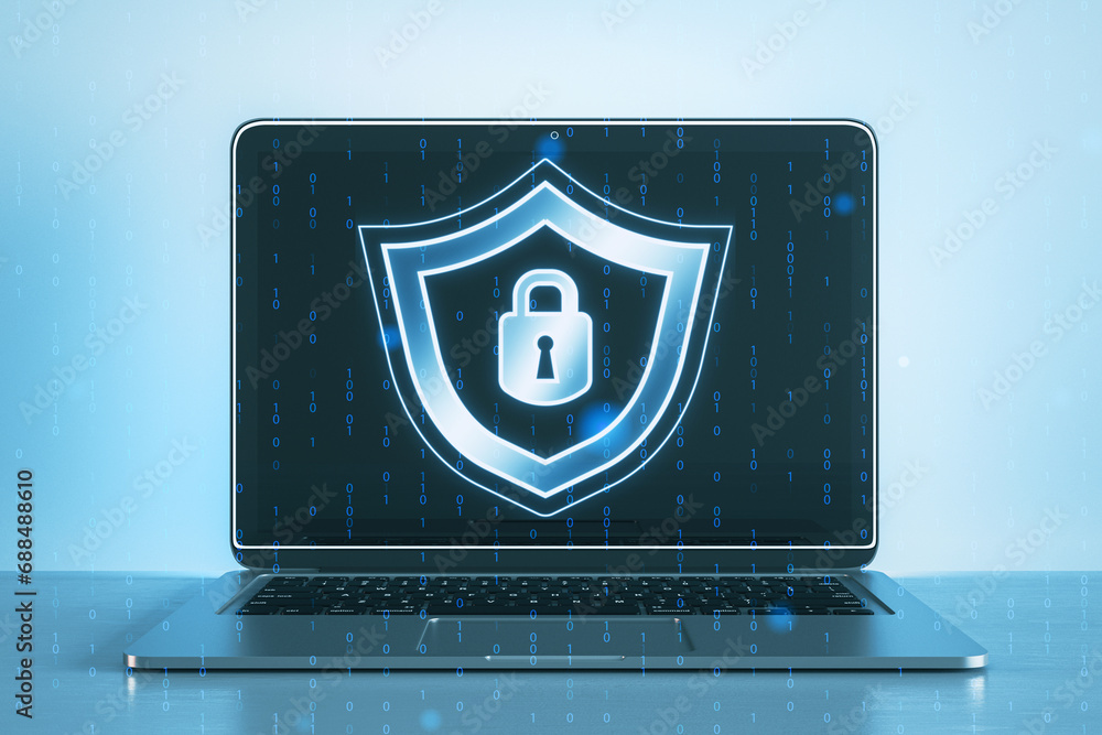 Poster Close up of laptop with creative digital security padlock and shield hologram on blurry binary code background. Secure, safety and identification concept. 3D Rendering.