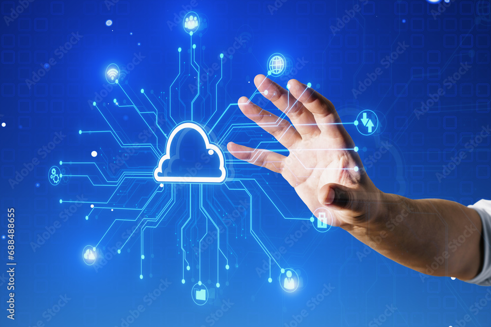Poster close up of businessman hand using creative digital circuit cloud on blue background. data storage, 