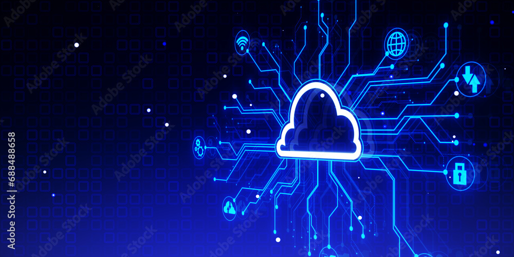 Aufkleber creative digital circuit cloud on blue backdrop. data storage, server and technology concept. 3d ren