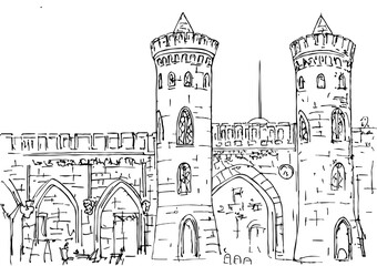 Travel sightseeing landmark Nauen Gate, Potsdam, Germany.  Sketch of a Gothic Revival architecture building Nauener Tor
