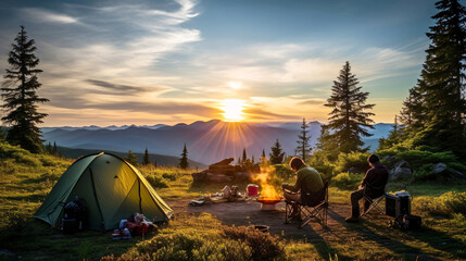 春のキャンプ、太陽と自然とテントの風景 