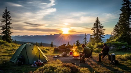 Papier Peint photo Lavable Camping 春のキャンプ、太陽と自然とテントの風景 