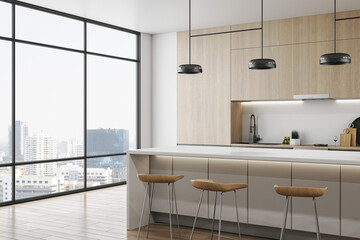 Clean wooden kitchen interior with panoramic city view, furniture and reflections on floor. Luxury living concept. 3D Rendering.