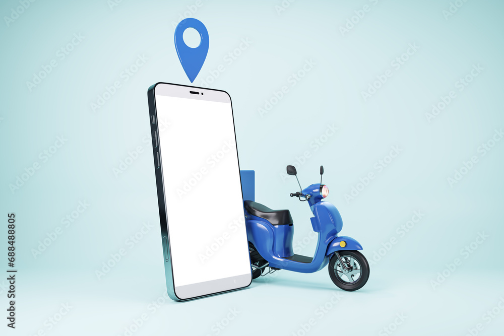Poster smartphone and blue scooter concept for app based delivery service on a light blue background. 3d re