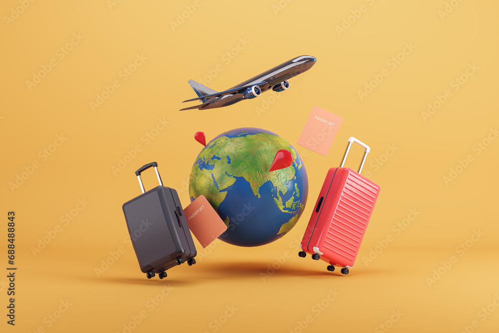 Poster Suitcases and a globe with an airplane in flight, symbolizing travel and exploration on a yellow background. Travel concept. 3D Rendering