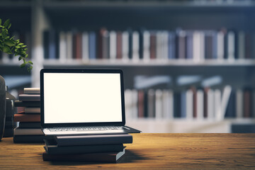 Contemporary laptop setup for online learning, with books and plant, library blur. 3D Rendering - obrazy, fototapety, plakaty