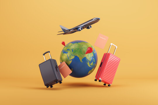 Suitcases and a globe with an airplane in flight, symbolizing travel and exploration on a yellow background. Travel concept. 3D Rendering