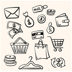 Shopping retail sales and discounts with lineart doodle drawing style
