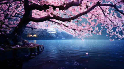 夜桜の風景、満開の桜の花が咲く夜景