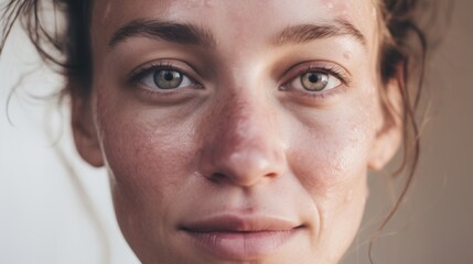 Fototapeta premium A European woman with imperfect skin confidently looks at the camera against a beige backdrop.