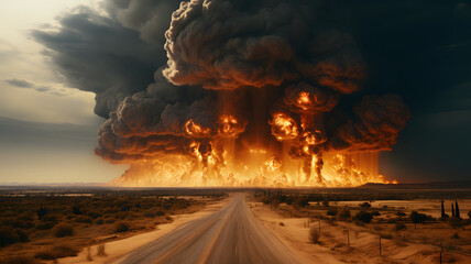 Terrible explosion of a nuclear bomb with a mushroom in the desert. Hydrogen bomb test. Catastrophe