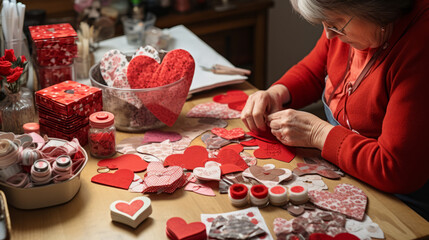 Senior woman making DIY Valentine's cards and gifts - obrazy, fototapety, plakaty