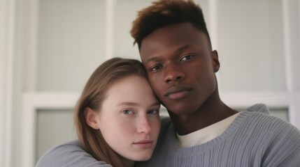 Fototapeta premium In the comfort of their home, a young couple with different skin tones shares a loving moment.