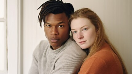 Fototapeta premium In the comfort of their home, a young couple with different skin tones shares a loving moment.