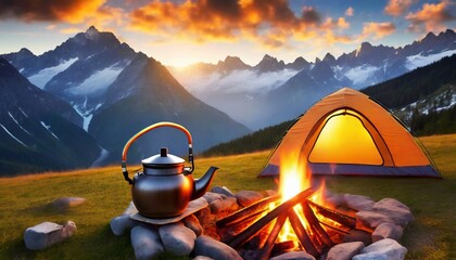 camping in the mountains at sunset - obrazy, fototapety, plakaty
