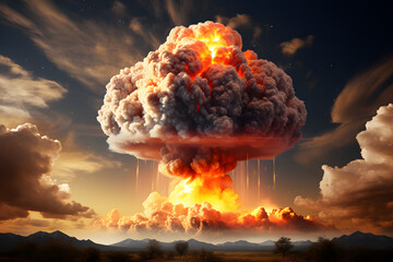 Terrible explosion of a nuclear bomb with a mushroom in the desert. Hydrogen bomb test. Catastrophe