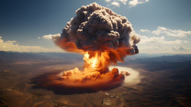Terrible explosion of a nuclear bomb with a mushroom in the desert. Hydrogen bomb test. Catastrophe