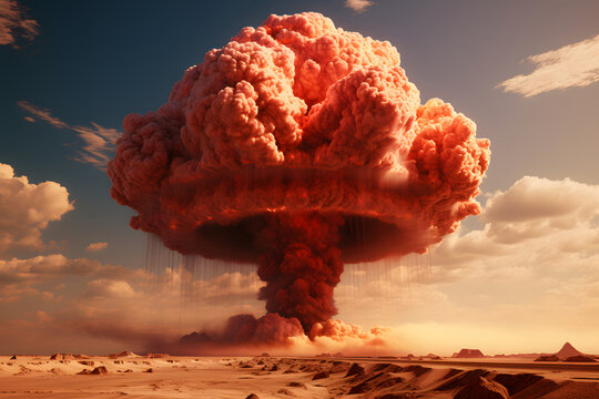Terrible explosion of a nuclear bomb with a mushroom in the desert. Hydrogen bomb test. Catastrophe