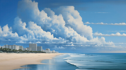 Tourist destination of high-rise hotels and palm trees lining the coast with white sandy beaches and a long shoreline - spectacular high clouds on the horizon.