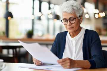 Fototapeta premium busy senior business woman sitting at office checking documents and bank accounts
