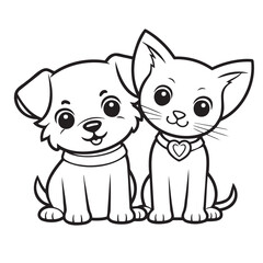 Freehand drawing of a cat and a dog, children s drawing