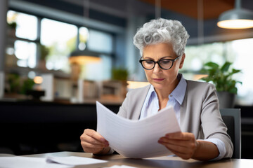 senior business woman in glasses checking documents or bank accounts